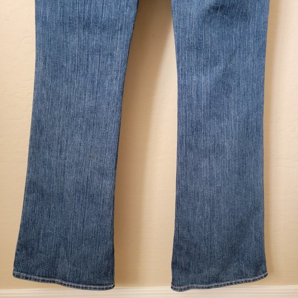 Blue 2 Medium Wash Pink Stitching Distressed Flare Denim Jeans - Picture 10 of 14